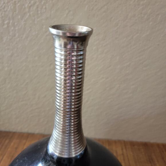 Vintage Modernist Black Vase with Ribbed Silver Neck
